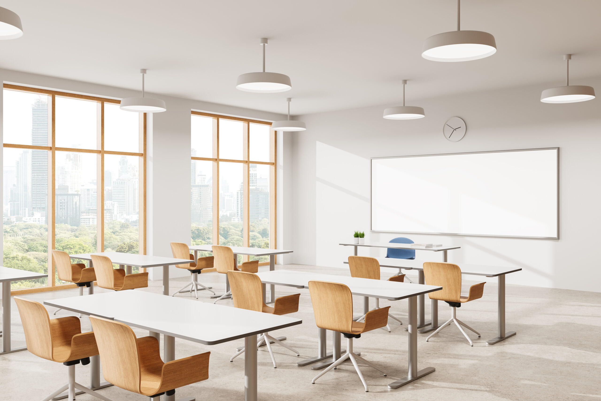 Modern Classroom Interior with Wooden Chairs and Whiteboard. 3D Rendering une classe vide